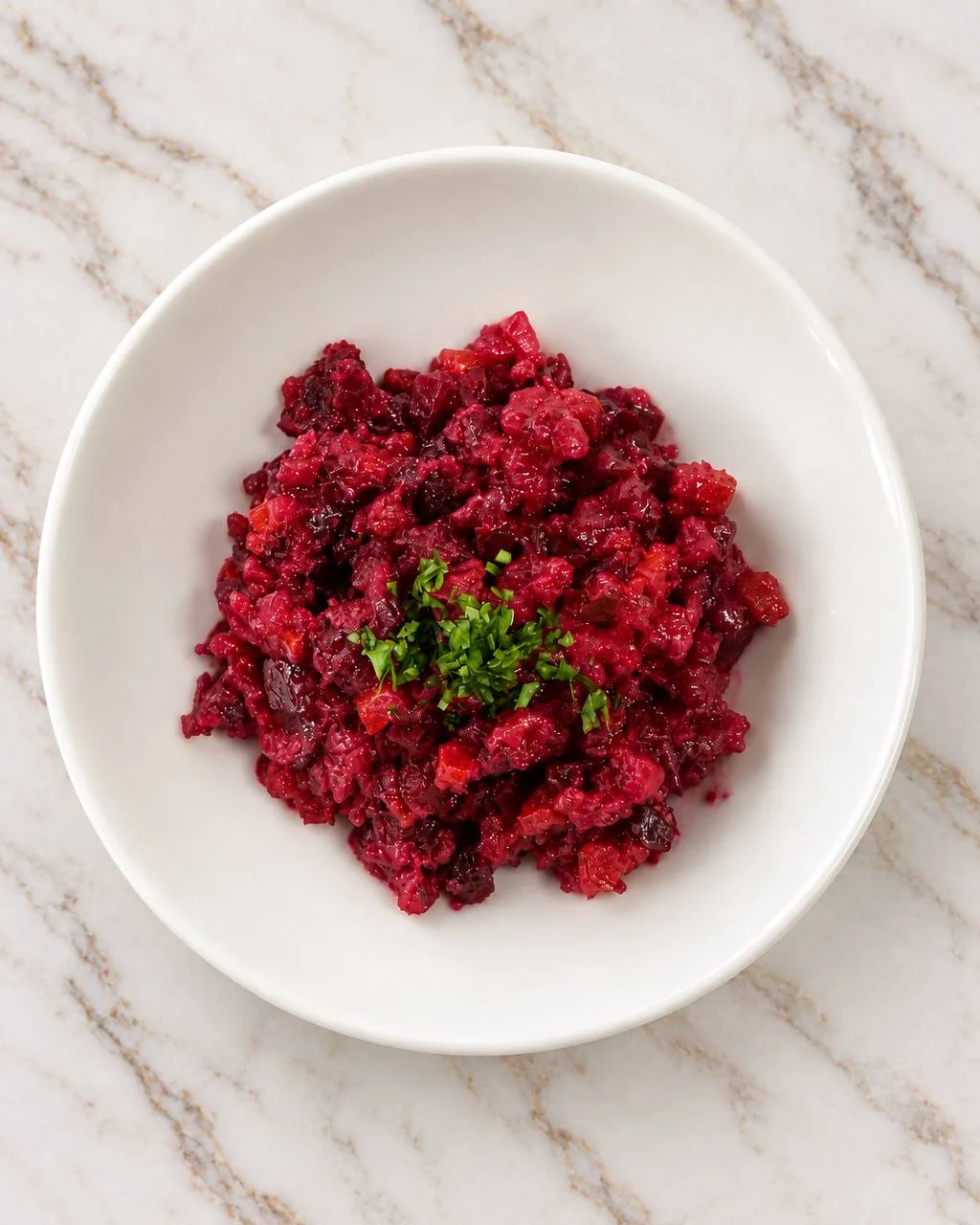 Ukrainian beet salad finished with fresh parsley