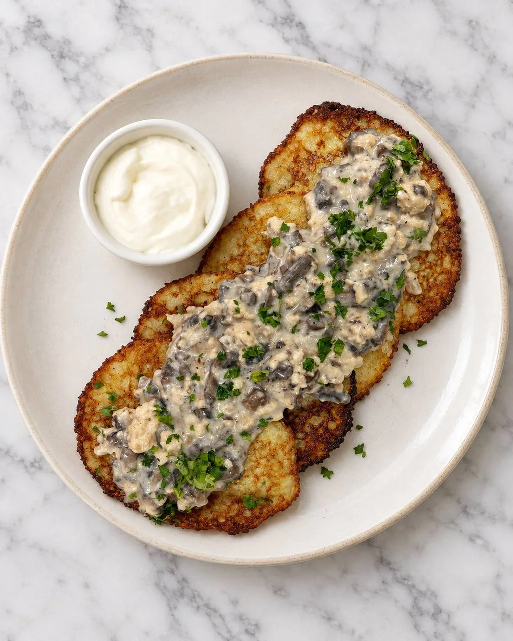 Crisp Ukrainian deruny topped with creamy mushrooms and fresh herbs